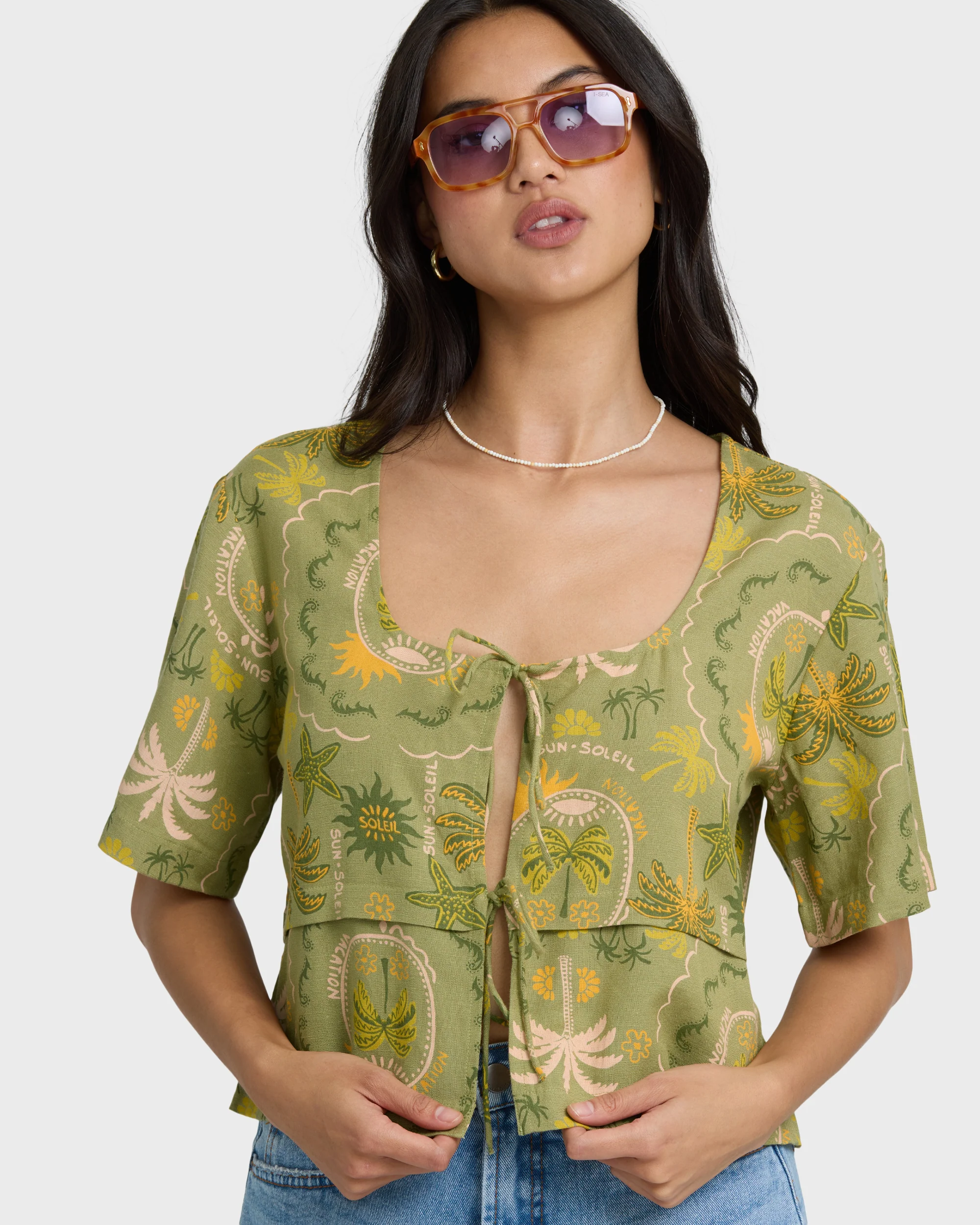 Totally Tropic Short Sleeve Woven Top - Cedar - Image 2