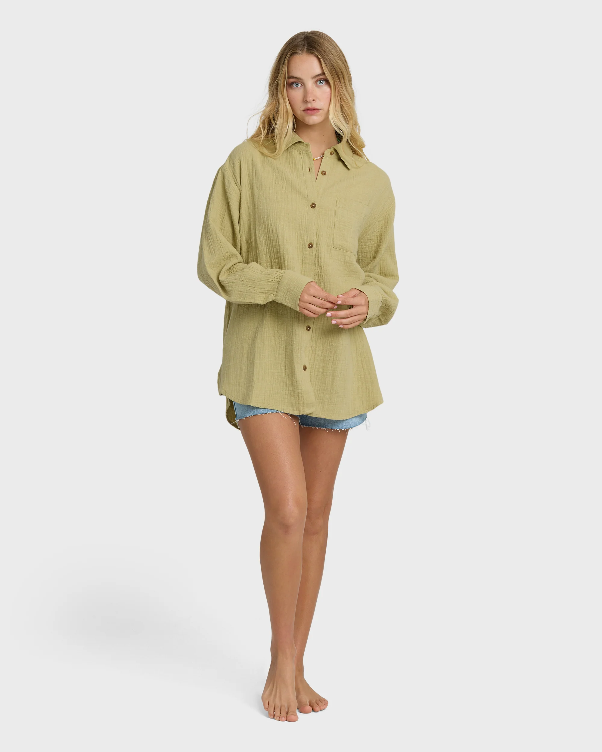 Wanderer Solid Long Sleeve Woven Top - Cactus - Image 3